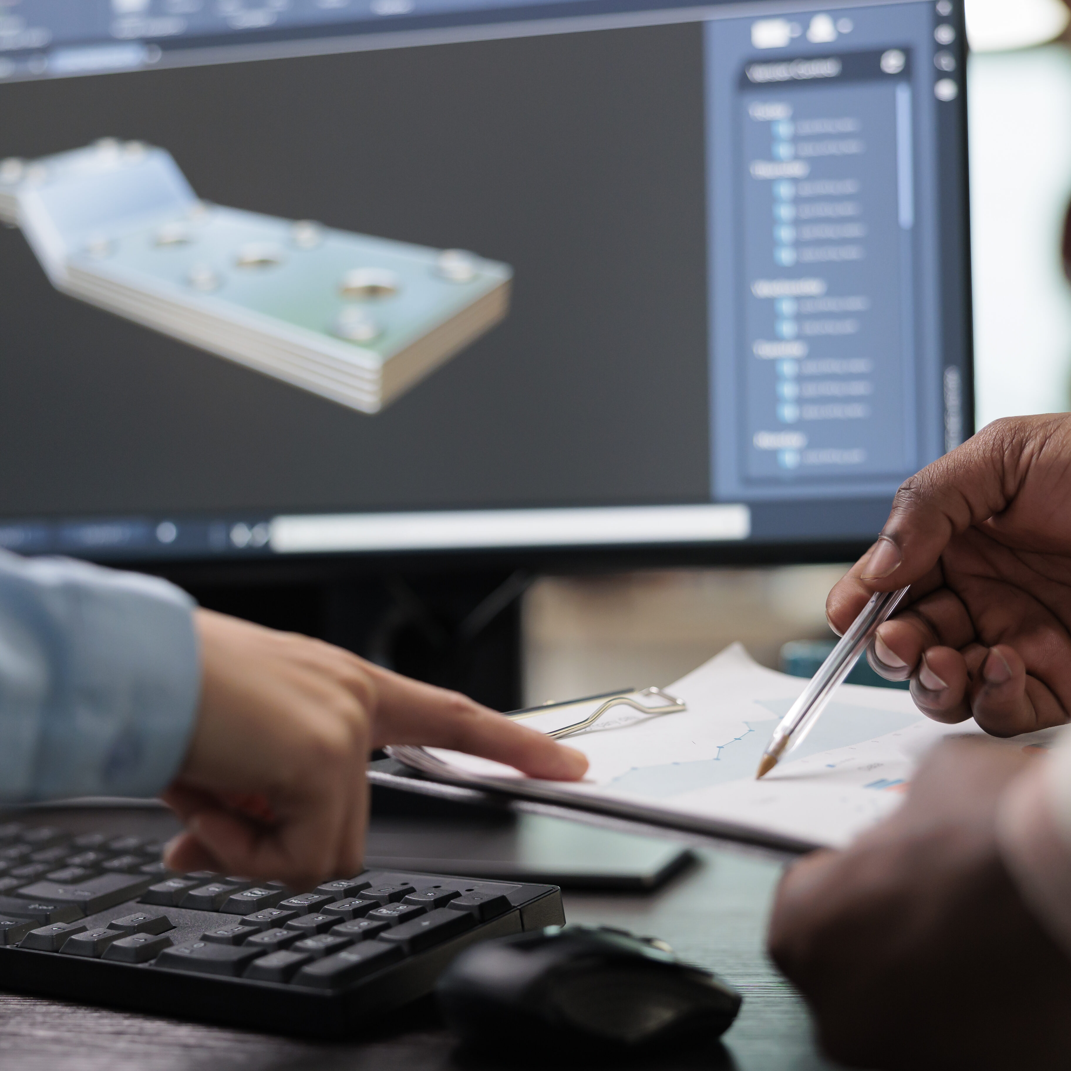 Computer with a 3D model and workers reviewing a sketch plan